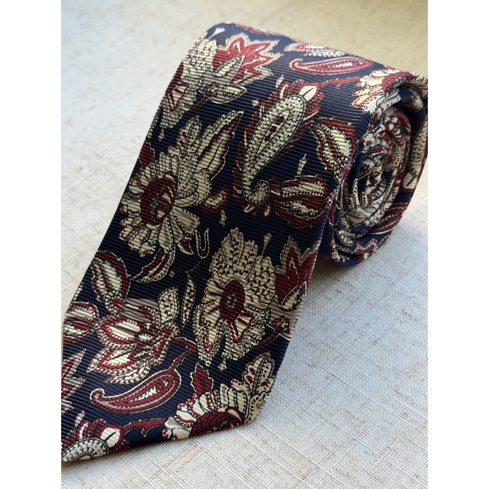 Como Collezione Silk Tie Navy Blue Burgundy Floral Paisley Geometric USA Made